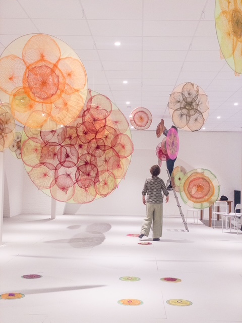 Nederland, Den Bosch, 20250606.
Expositie Flower Project
Kunstwerken Evalore Beukers hangen in het gezondheidscentrum San Salvator.
Kunst gemaakt van (groente-) netjes