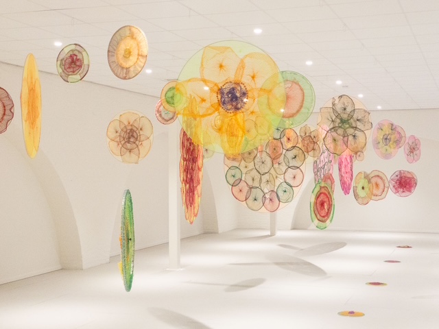 Nederland, Den Bosch, 20250606.
Expositie Flower Project
Kunstwerken Evalore Beukers hangen in het gezondheidscentrum San Salvator.
Kunst gemaakt van (groente-) netjes